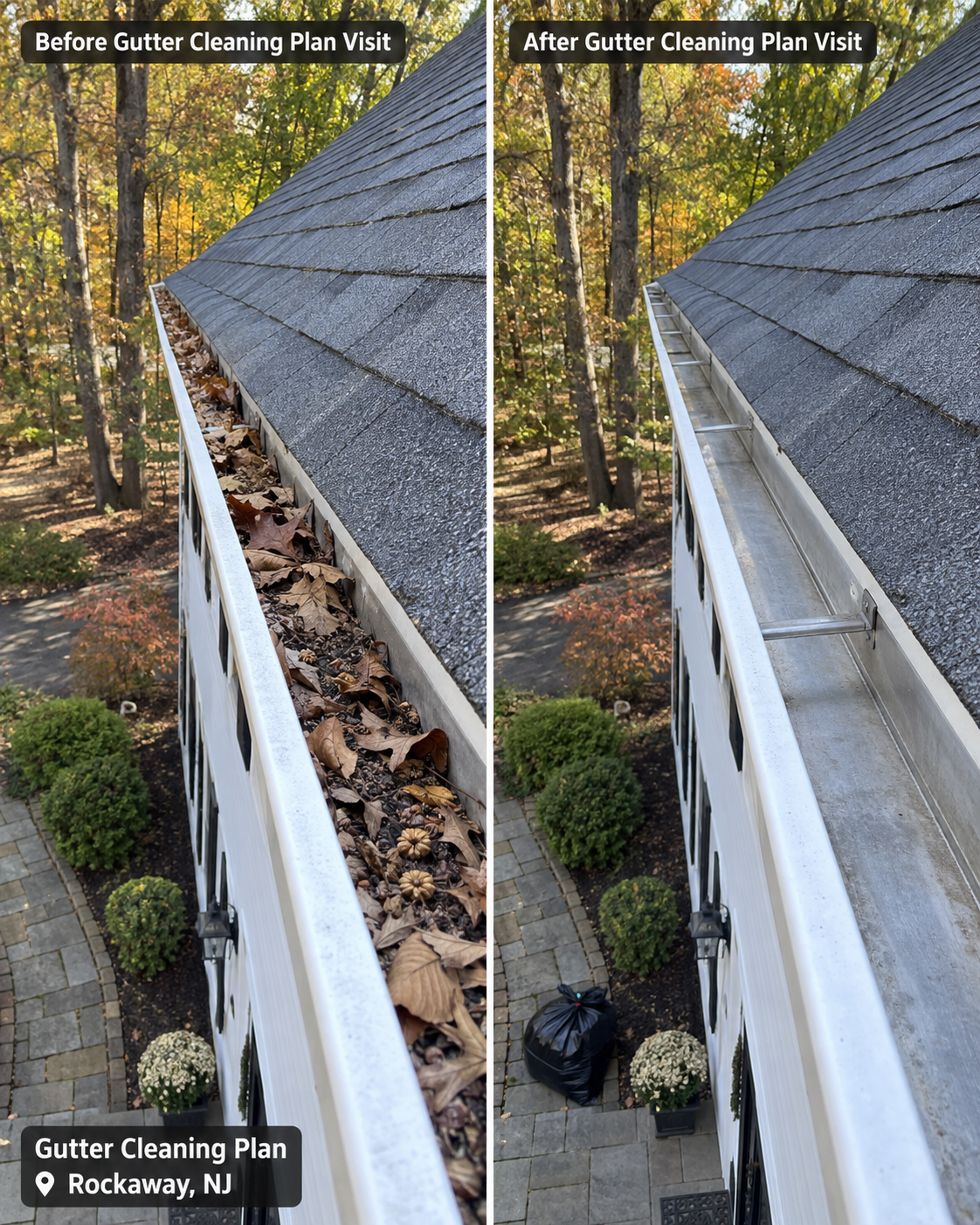 Before and after a gutter cleaning plan visit in Rockaway, NJ
