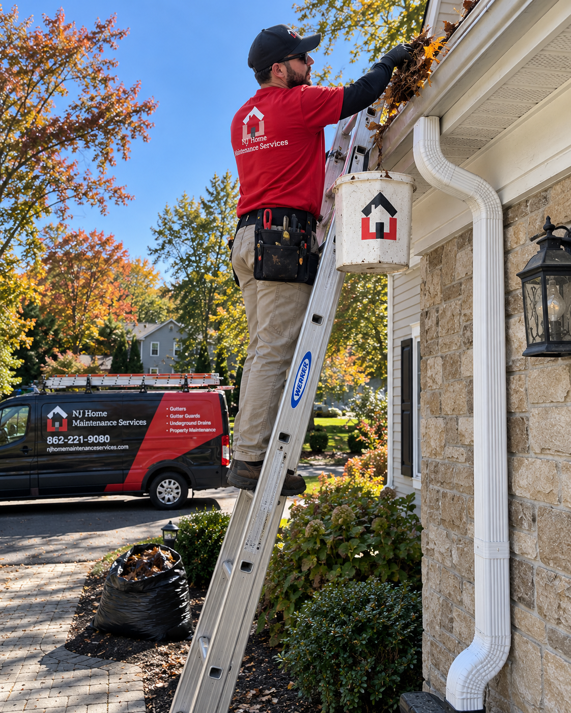 Technician clearing a gutter during a scheduled plan visit
