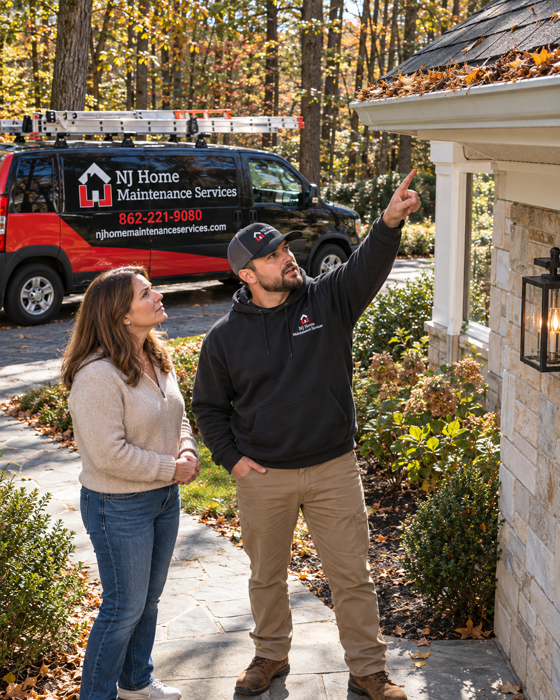 Technician showing a homeowner a gutter filling with leaves again