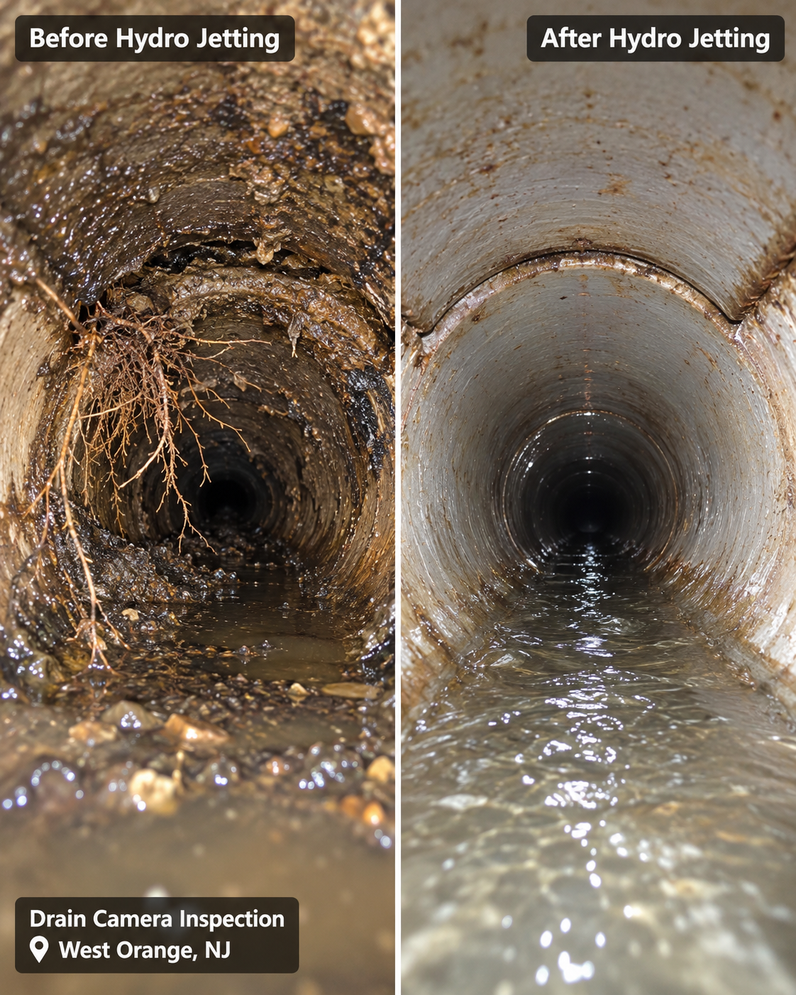 Camera view of an underground drain before and after hydro jetting in West Orange, NJ