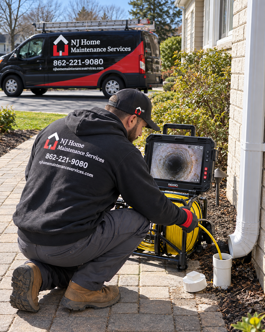 Technician feeding a drain inspection camera into a cleanout