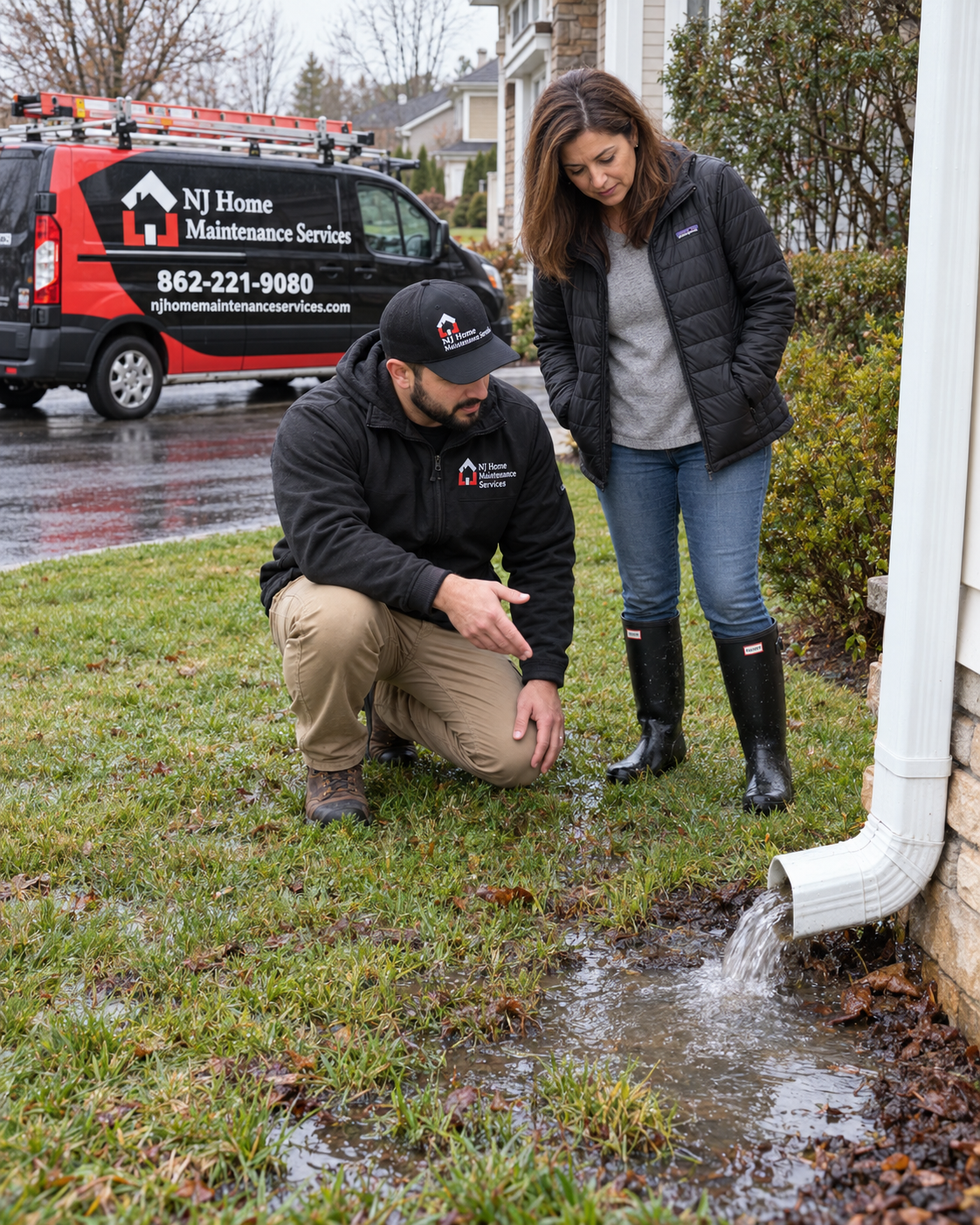 Technician showing a homeowner a downspout drain backing up