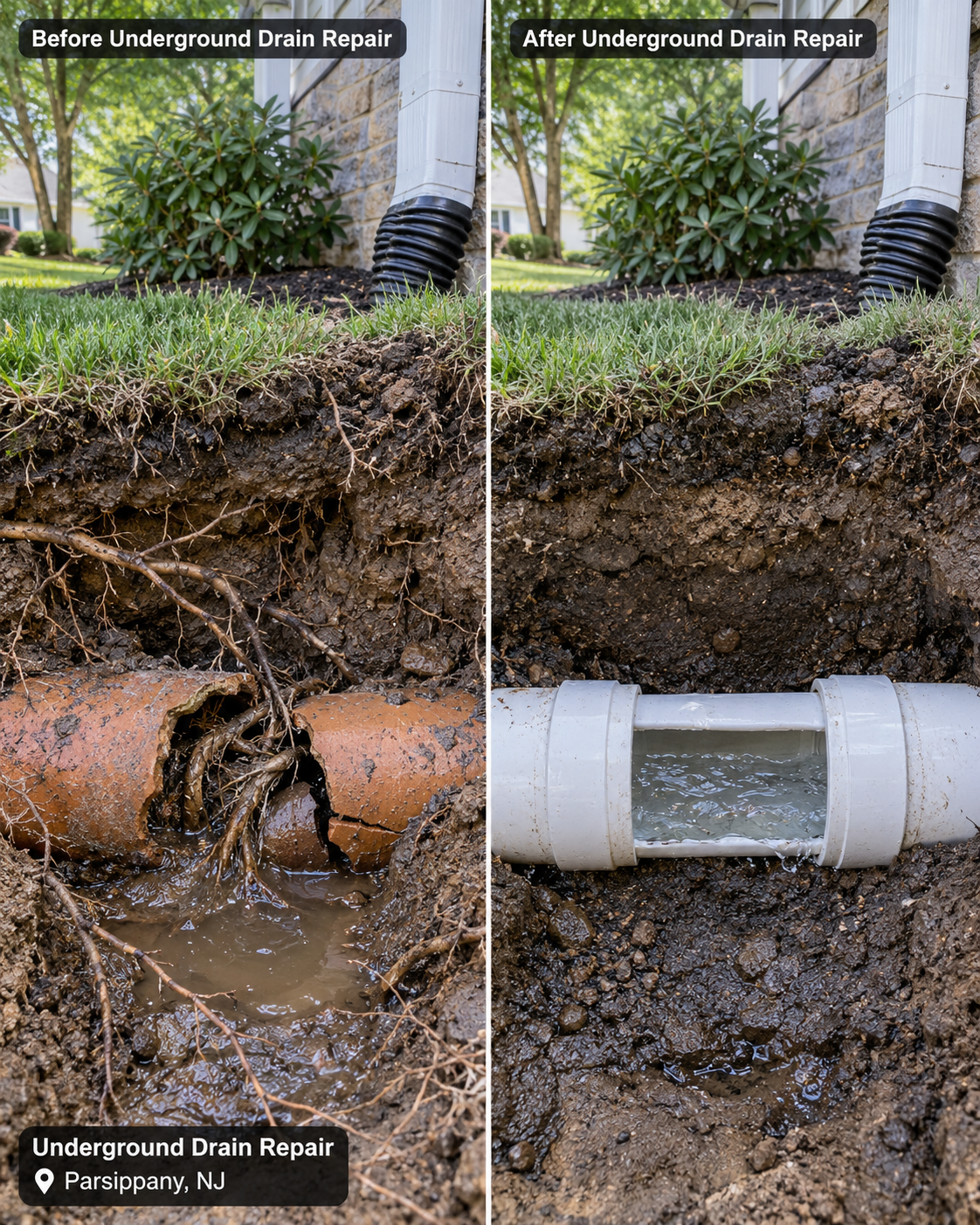 Before and after underground drain repair in Parsippany, NJ
