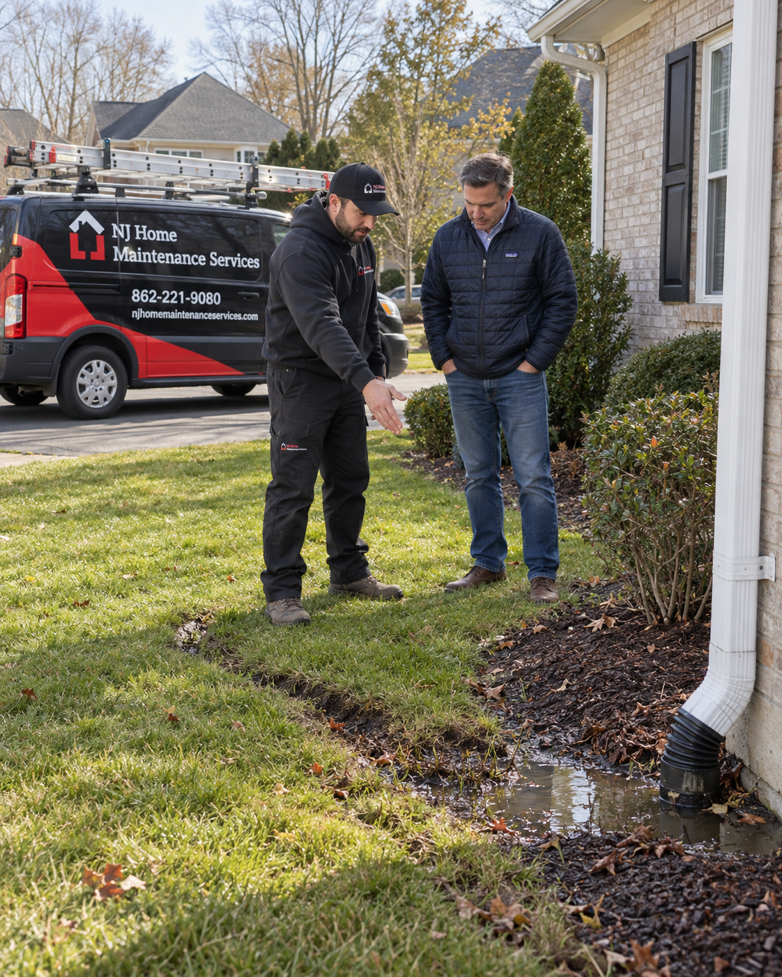 Underground Drain Repair technician showing a homeowner the problem